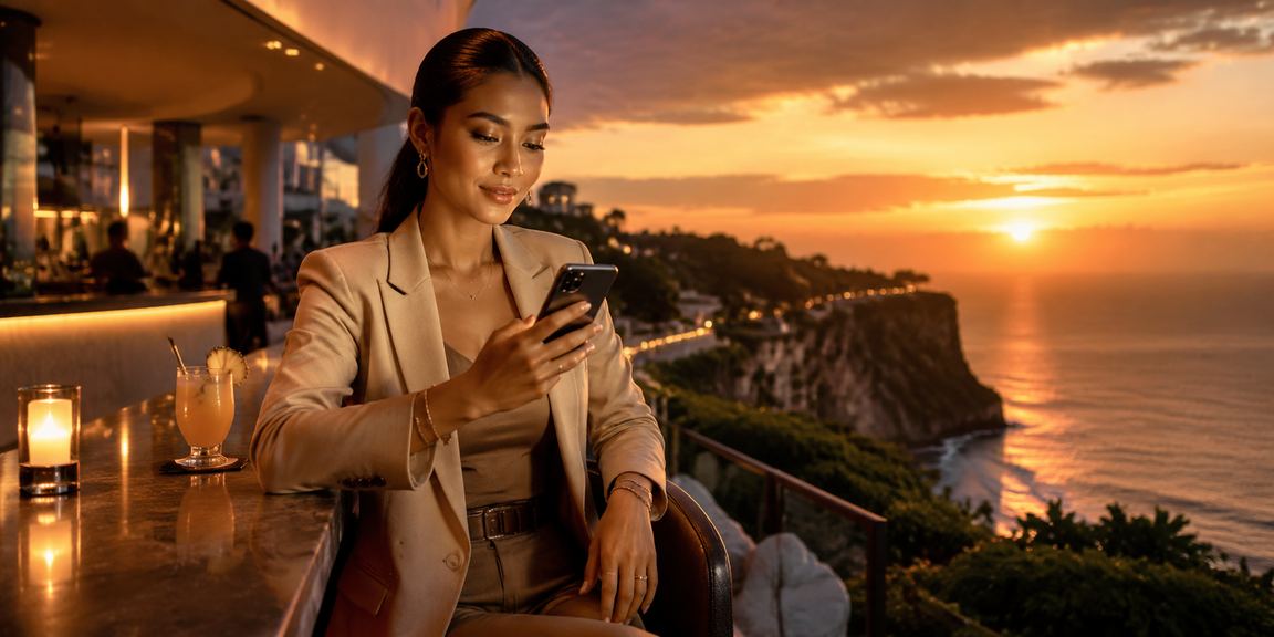 Wanita mengakses akun casino mobile dengan senyuman percaya diri